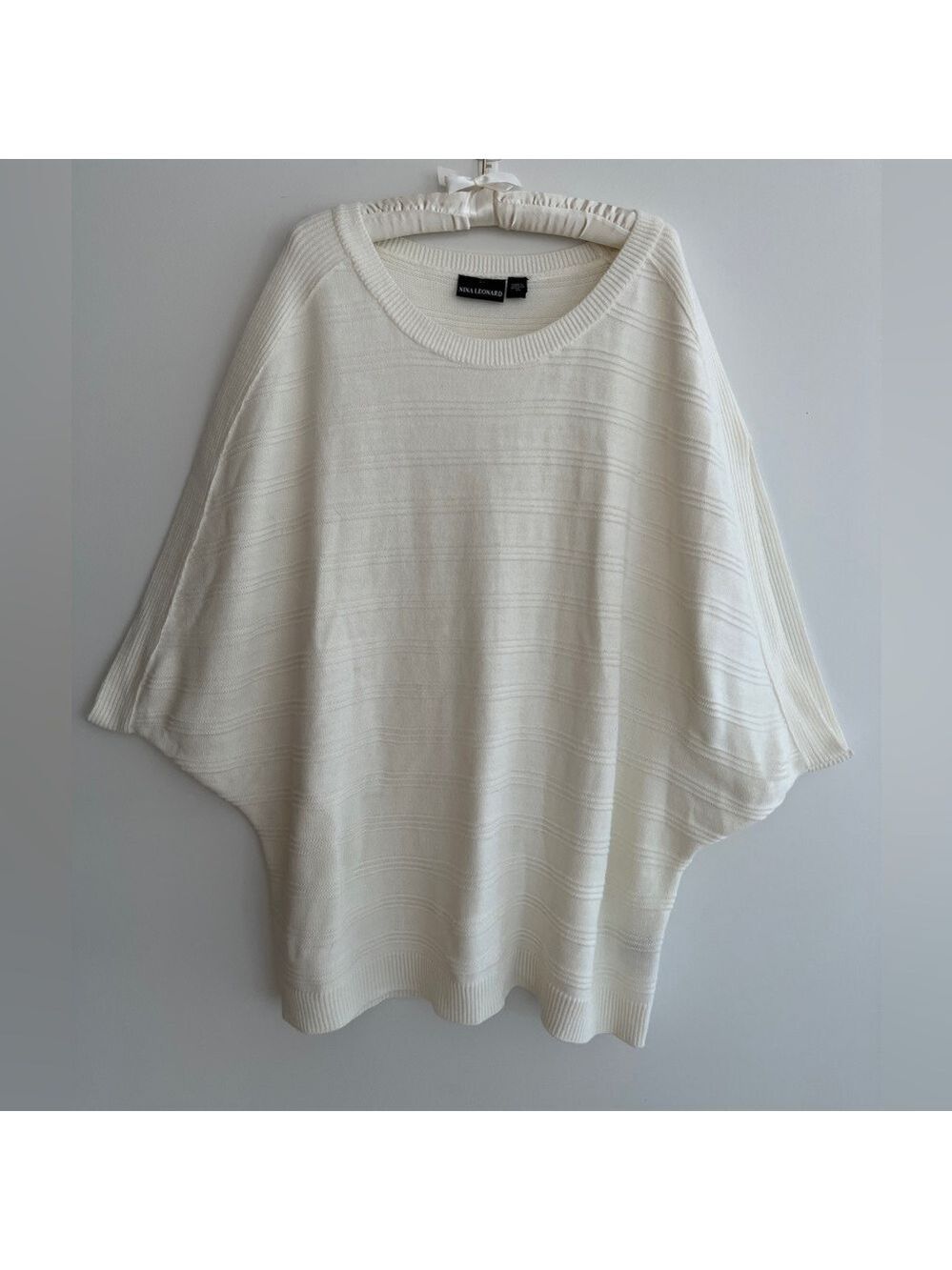 NINA LEONARD Oversized Batwing Poncho Style Boat Neck Pullover Knit Sweater